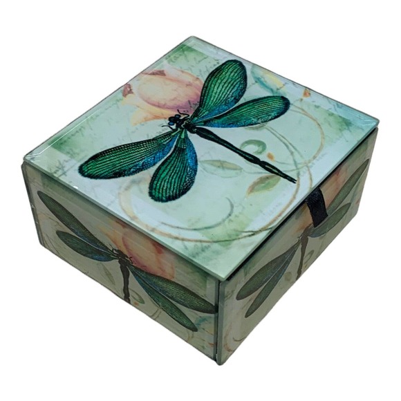 Value Arts Other - Dragonfly Keepsake Box Jewelry & Trinkets, Beveled Glass, Lined, Hinged Lid 4"SQ